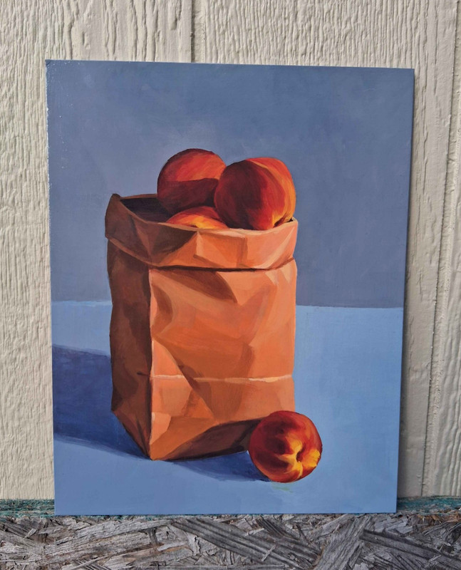 Paper Bag of Peaches 11×14 Original Acrylic Still Life Painting Hardboard
