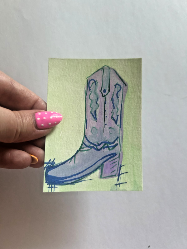Aceo Original – Purple cowboy Boot Texan Western Texas Sawyer Crane Art