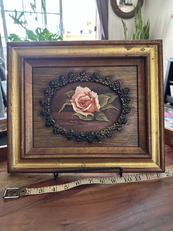 Vintage Signed Rose Painting Bark Texture Frame Rustic Cottagecore Woodland Art gallery