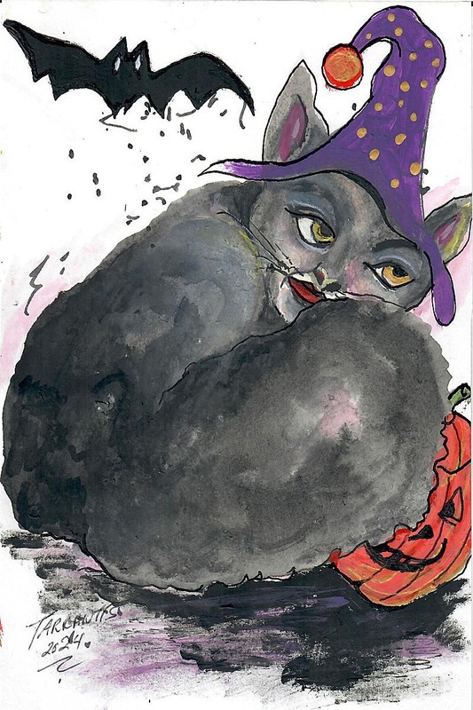 Watercolor «Witches Cat» Unsigned 100% Charity Peaceful Valley Donkey Rescue