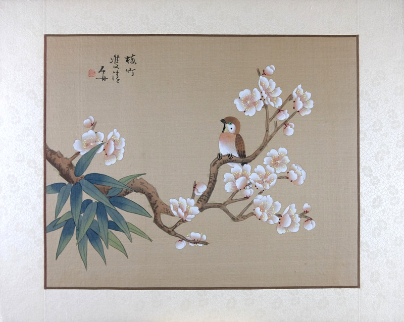VTG Oriental Painting, Asian Watercolor on Silk Paper, Sparrow and Plum Blossom