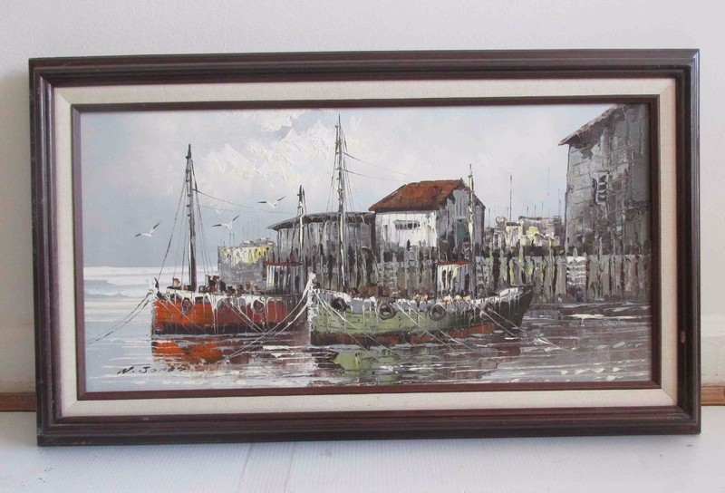 W.JONES HARBOR SCENE Ship Boat OIL ON CANVAS PAINTING ORIGINAL framed 28″ Wide