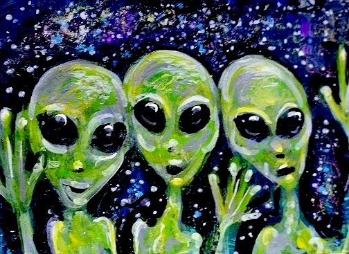 Original ACEO Painting ALIEN Friends Stars ET Martian Universe Galaxy ATC ART