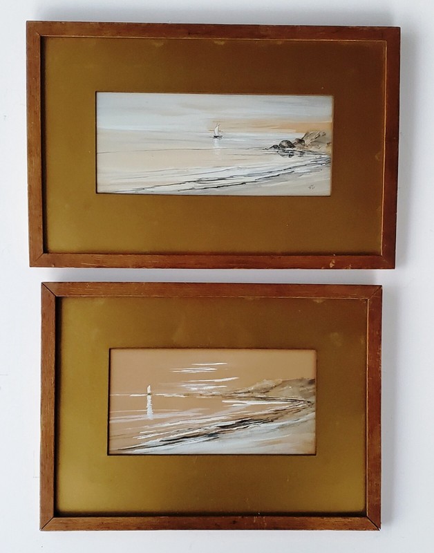 Gorgeous Pair Late 19th Century Gold Matted Panoramic Marine Watercolors, Signed