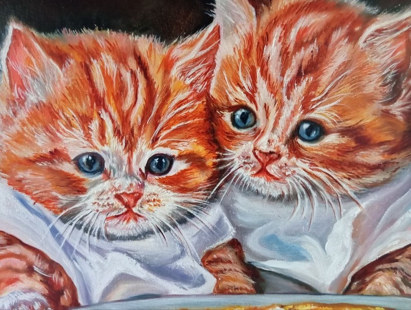 Breakfast for Two Original Oil Painting on Stretched Canvas Cats Animal 16x20 in gallery