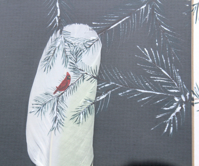 Cardinal on Snow Covered Branches Original Art Painting w/Feather Signed gallery