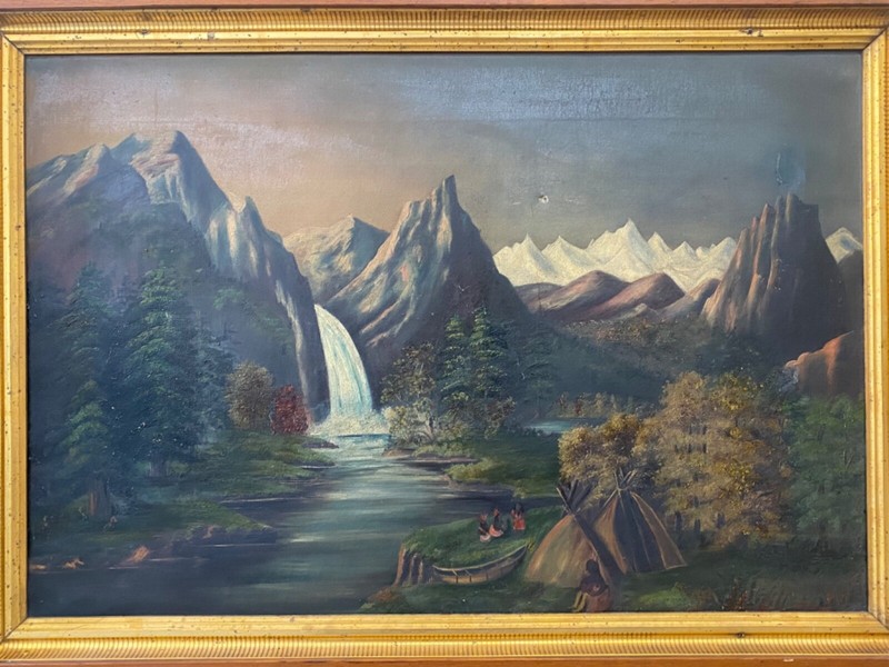 🔥 Fine Antique 19th c. Native American Folk Art Indians Landscape Oil Painting