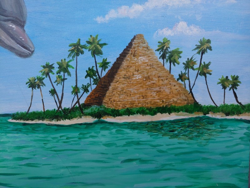Artist Signed Original Art Surrealist Seascape Painting Dolphin Hawk Pyramid gallery
