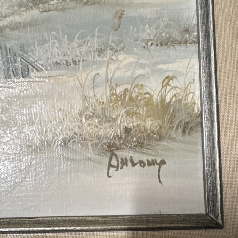 Anthony Signed Framed Canvas Seascape Painting Seagulls Dunes Beach 10in X8in gallery