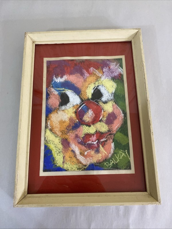 BALKAY Signed Pastel Clown, Expressionist, c.1970s–90s, Framed 9×12, Hungary Art