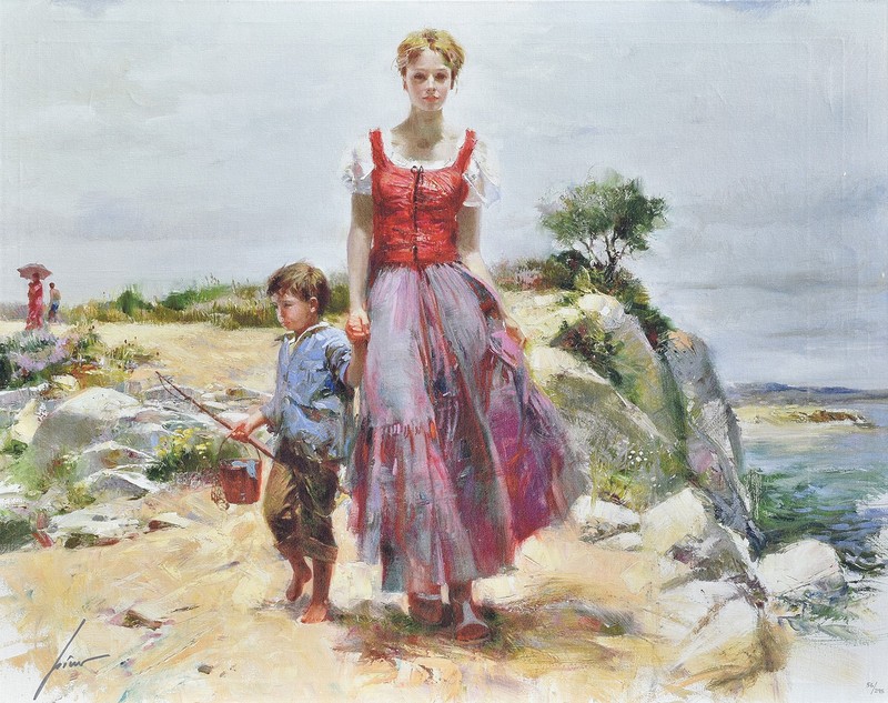 Beautiful PINO Giclee Canvas «Mother & Son Cliffside Retreat» Limited SIGNED COA