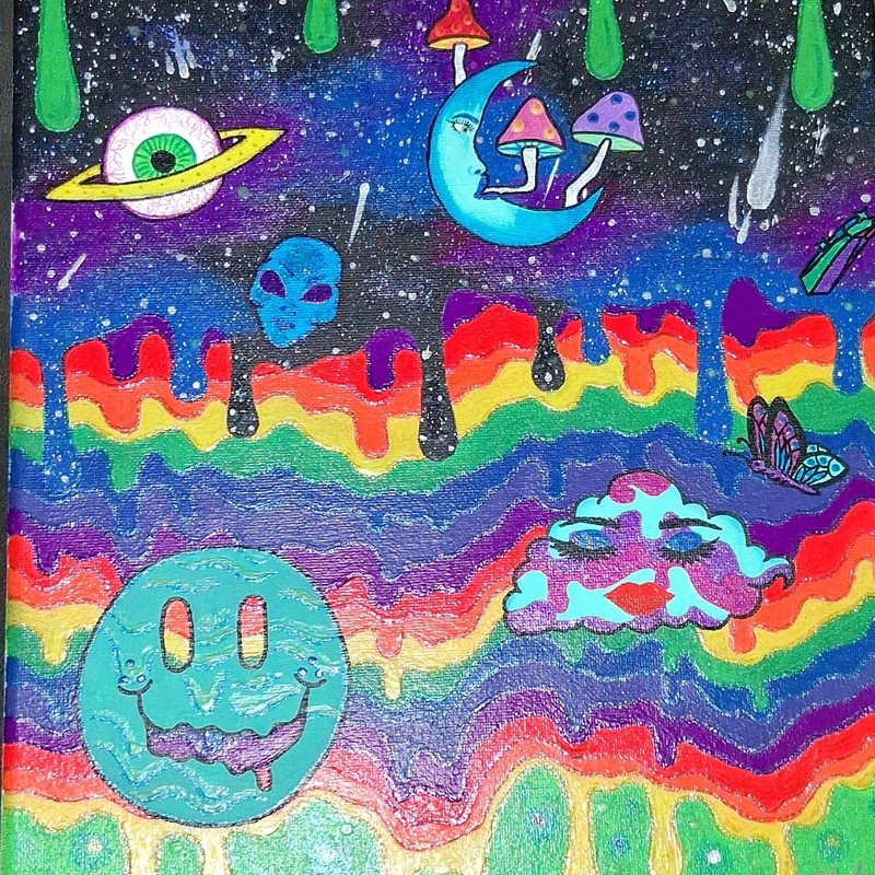 Glow-in-the-Dark Psychedelic Space, Moon & Mushrooms Acrylic Painting on Canvas