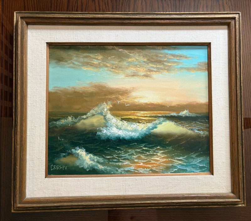 Vintage Original CRESPI Signed 16×20” Oil Painting Ocean Seascape Waves Clouds