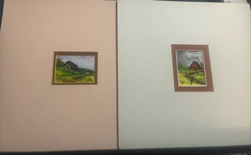 Two Vintage Landscape Barns Miniature Oil Painting 2“ X 2 1/2“ Signed