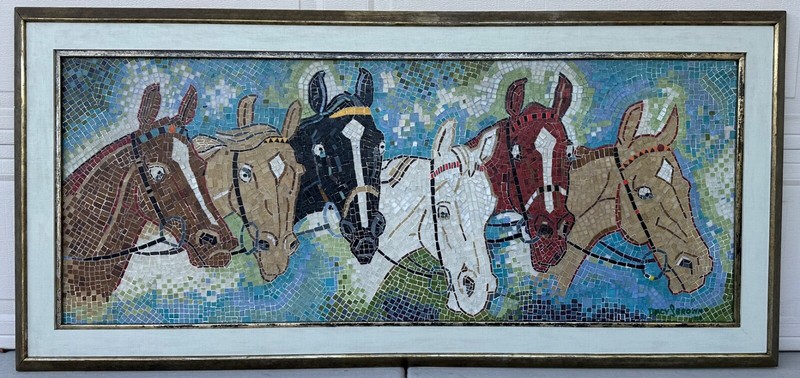 Rare Tracy S Brown 1958 Mid Century Mosaic Ceramic Tile Horses Wall Art Panel