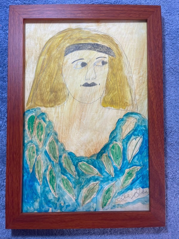 LEE GODIE DRAWING ON ANTIQUE WOOD,FRAMED ON WOOD,SIGNED AND SEALED