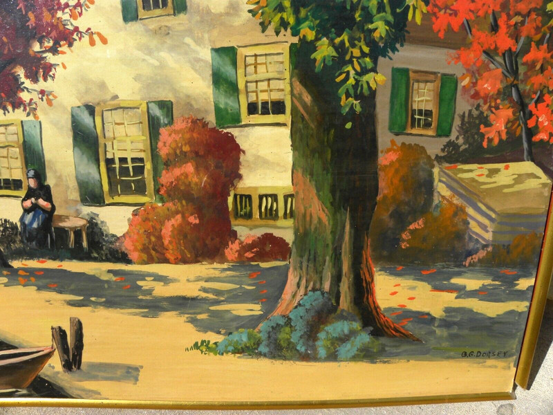 Vintage painting New England coastal village style F. McKay signed B. G. Dorsey gallery