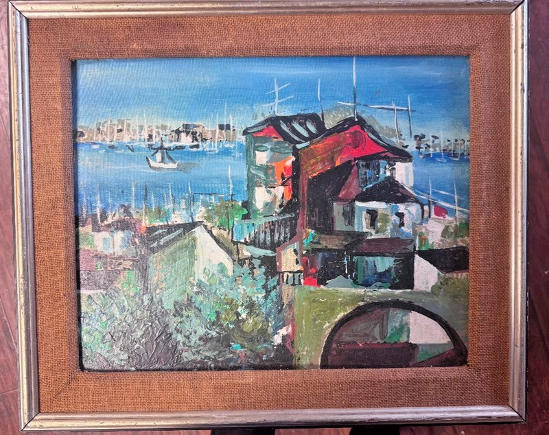 Vt Framed Modern Abstract Cityscape Scenery Painted By Artist CISA OIL ON BOARD