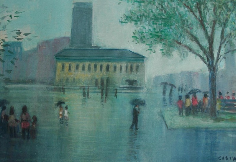 Vintage 1977 Watercolor of a Rainy Park Scene by Artist Giovanni (John) Castano