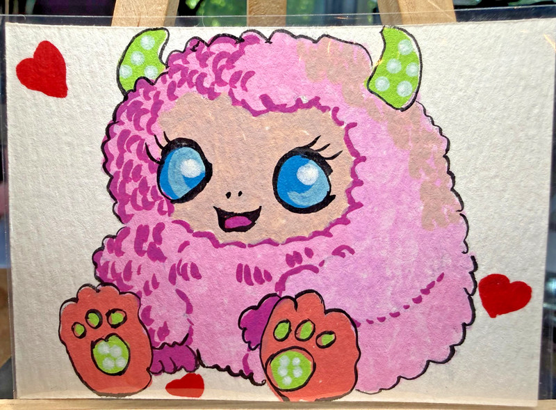 ACEO Original Acrylic Painting OOAK Signed (Not A Print) «Mini Monster» Pink Art