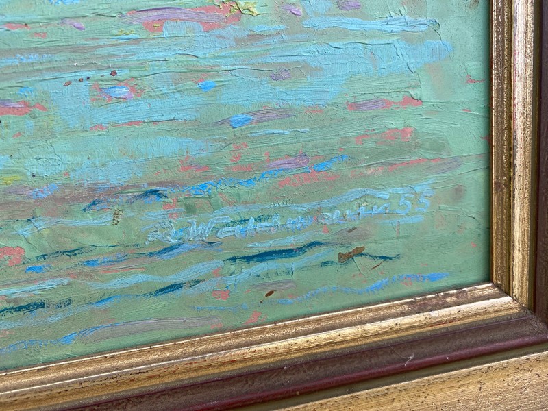 :: ACRYLIC PAINTING INDISTINCT SIGN. LAKESIDE HOUSE WITH ROWING BOAT WITH MOUNTAIN PANORAMA gallery