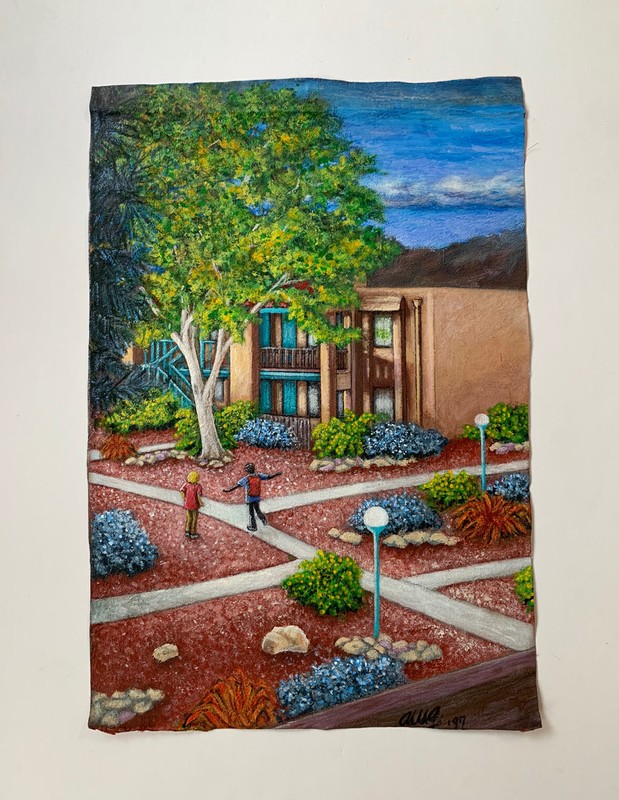 Original Painting Apartment Complex Architecture Kids Playing Vtg By Gallagher ?