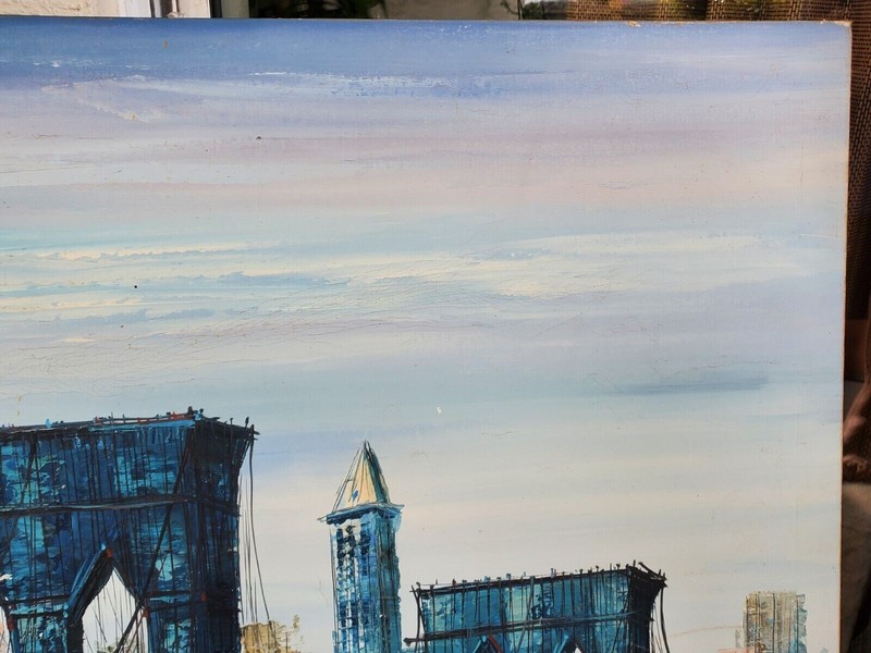 ORIGINAL OIL PAINTING VINTAGE MID-CENTURY MODERN BROOKLYN BRIDGE NYC CITYSCAPE gallery