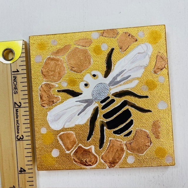 S Brown Signed Mini Bee Canvas Painting Gold Metallic 4x4 Original Art w/ Easel gallery