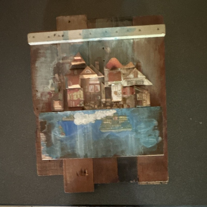 Hand-Painted Abstract Wood Painting Cityscape Houses Boat Over Water Unframed