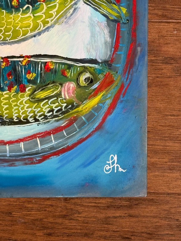 Original Oil Painting Signed Paper Fish on a Plate Food Kitchen Cute Art 11x14 gallery
