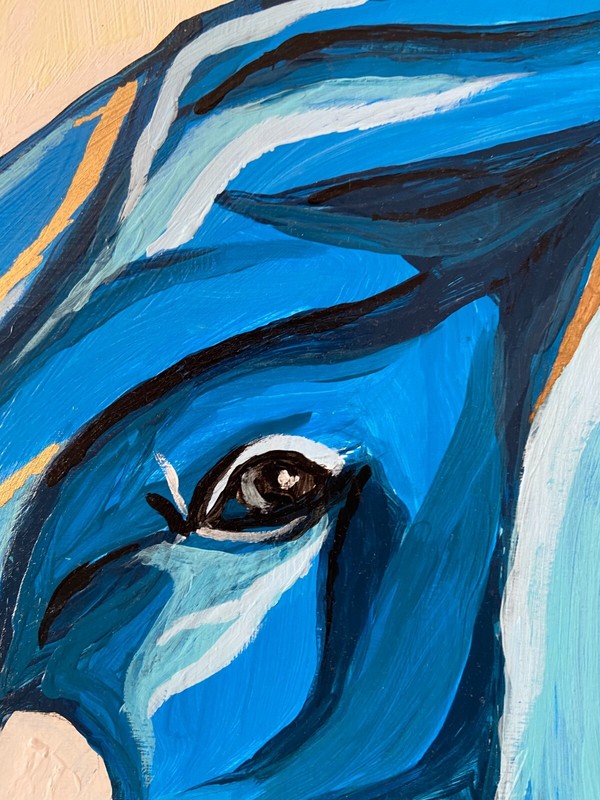 Blue elephant with balls, original acrylic painting gold leaf cardboard signed gallery