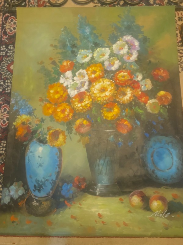 Huge Milo "Still Life With Flowers Scene" Oil Painting In Metal Hanging Bracket gallery