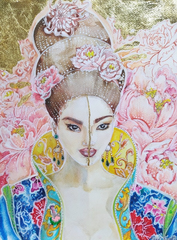 art 633 original painting 11.6х8.2 in (29х21 cm) paper acrylic gold decor women