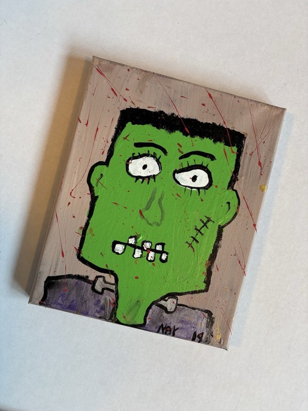 Green cartoon Frankenstein portrait Original Figural Wall Art Canvas Painting