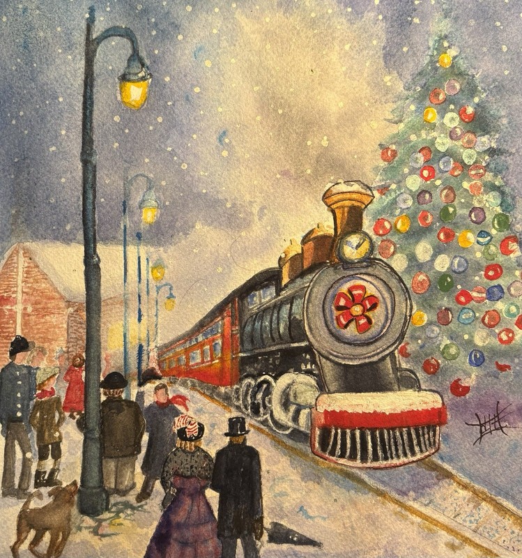 WATERCOLOR ORIGINAL 8×8 Old Time Cozy Christmas Steam Train Vintage Style New