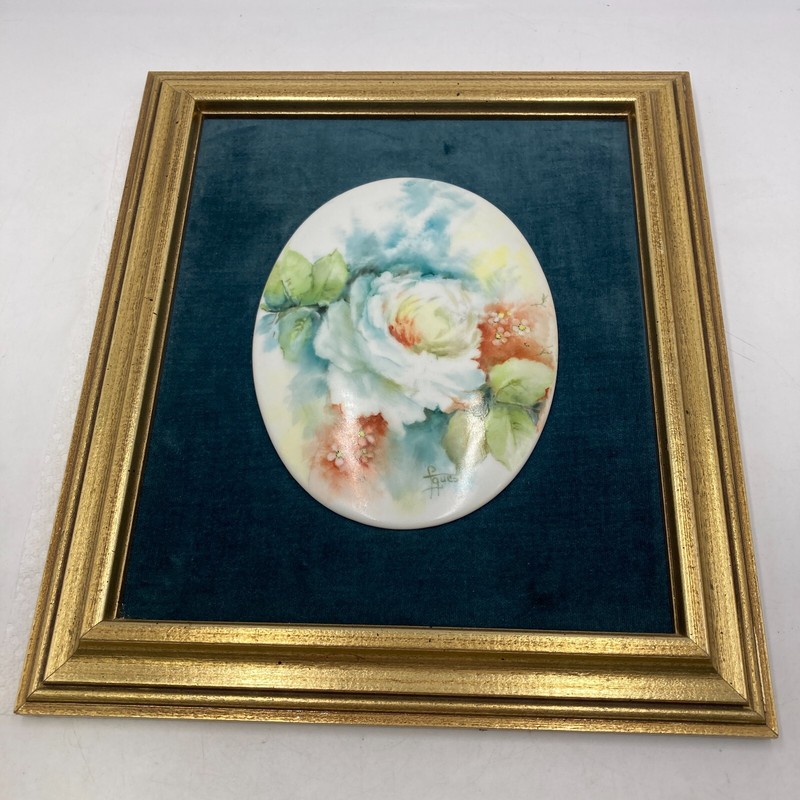 Vintage Fern Quest Painted Ceramic Floral Flower Picture Oval Tile 10×12″ Frame