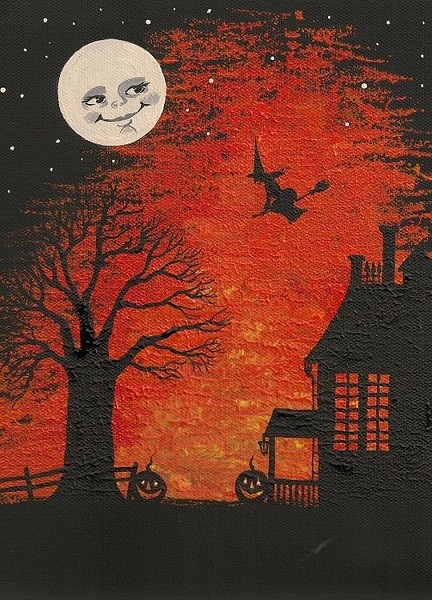 5X7 HALLOWEEN PRINT OF PAINTING ART RYTA HAUNTED HOUSE FOLK ART Witch Moon 🎃