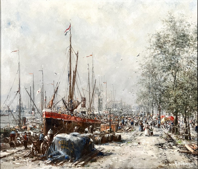 Buikema, Albert – Historic view on the harbour – Oil Painting – Hand-signed