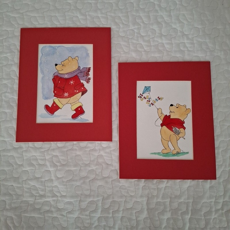 2 Hand Painted Winnie The Pooh 8×10″ Red Matte Snow Kite Animated Art Unframed