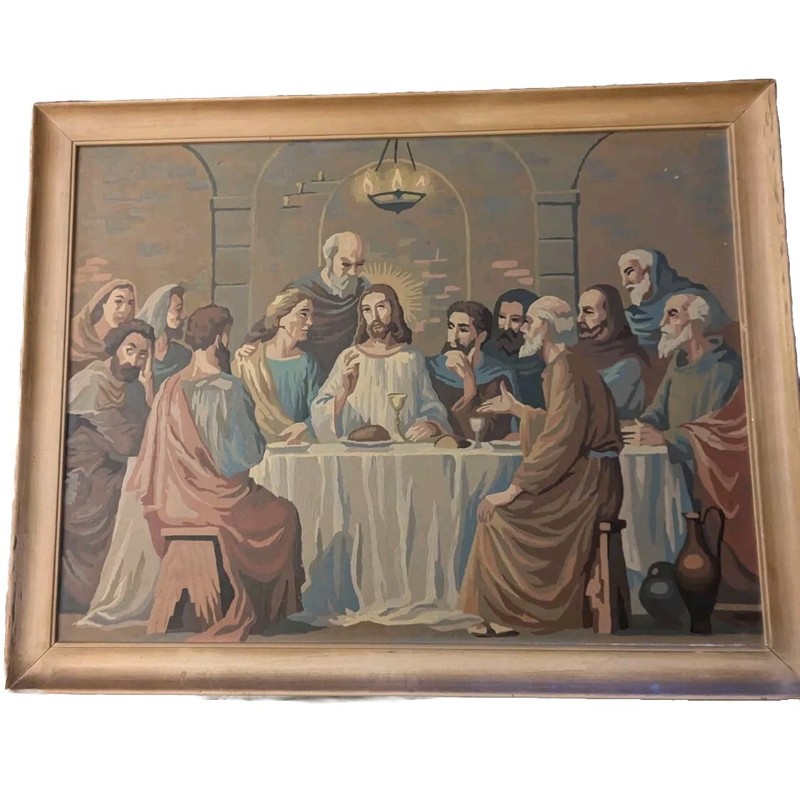 Vtg Mid Century PAINT BY NUMBER The Last Supper Jesus Framed 27 x 21 MCM