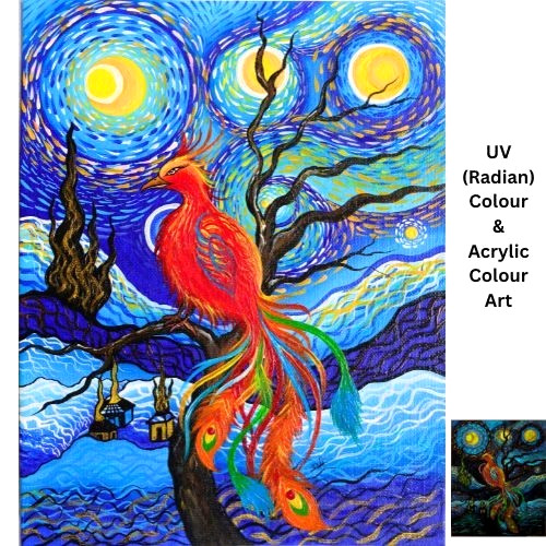 Phoenix Bird Starry Night UV Radiant & Acrylic Painting 8.5×11 Canvas Art NEW