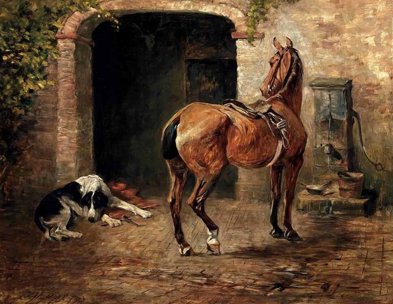 Art Giclee Printed Oil Painting Print Horses and dogs are faithful companis