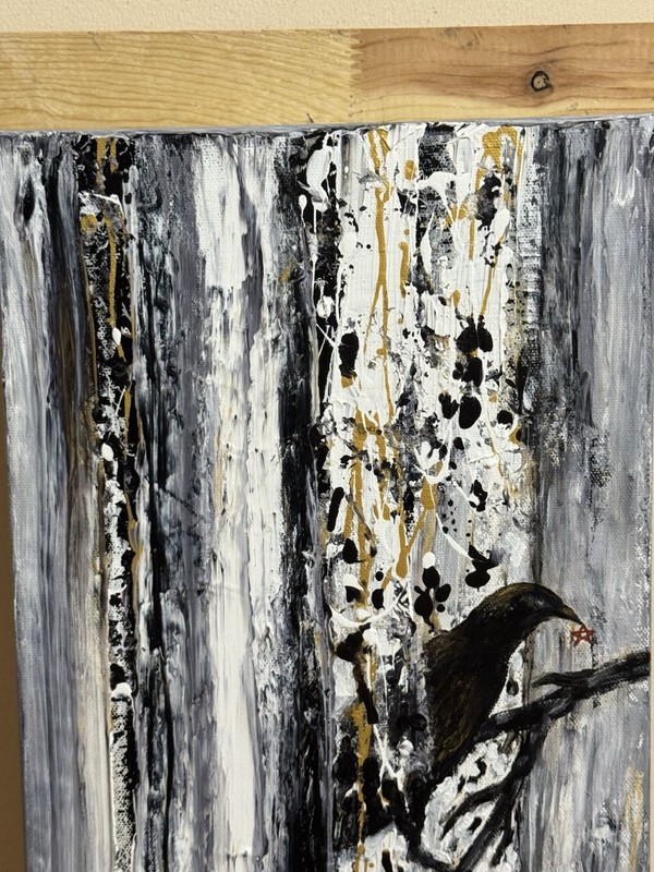 10” X 20” Crow Raven Red Star Fluid Out Sider Art Signed Acrylic On Canvas 🐦‍⬛ gallery