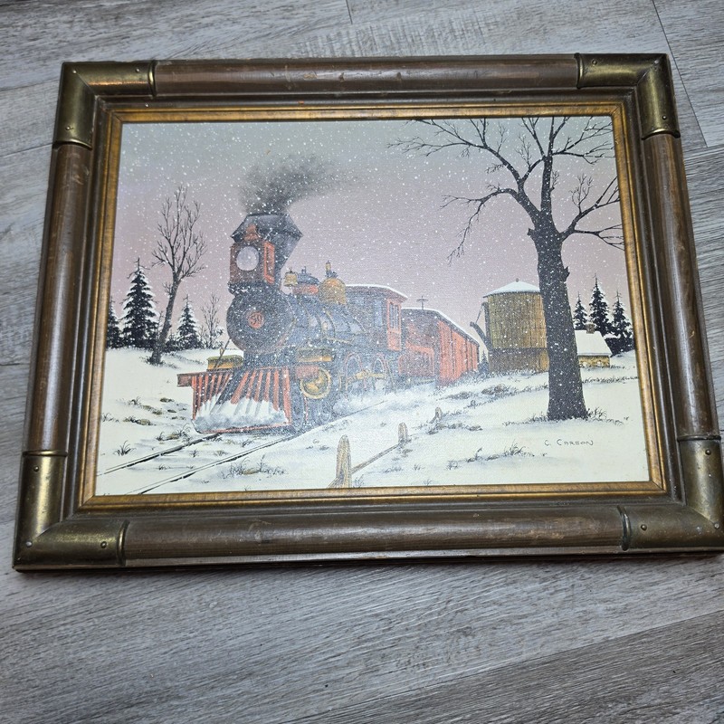 Vintage Winter Steam Train Framed Print C Carson Signed Rustic Wood Frame Wall A