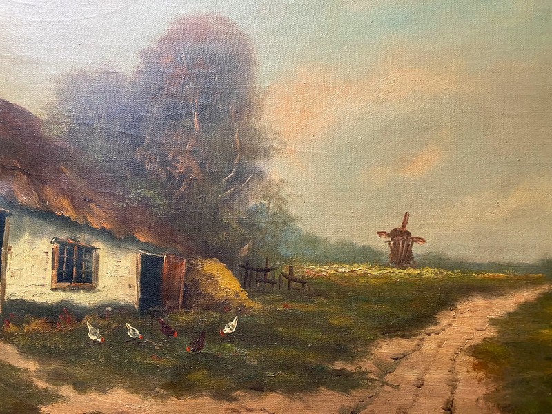 Oil Painting Undeutl. Sign 1900 Romantic Farm With Mill & Chickens gallery