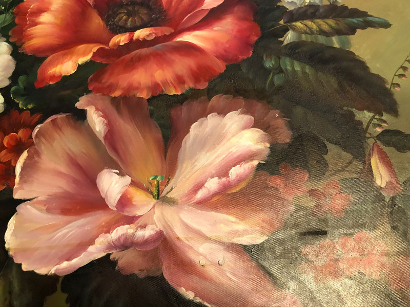 Vintage oil on canvas floral oil painting signed Durrance 24 in. x 36 in. gallery