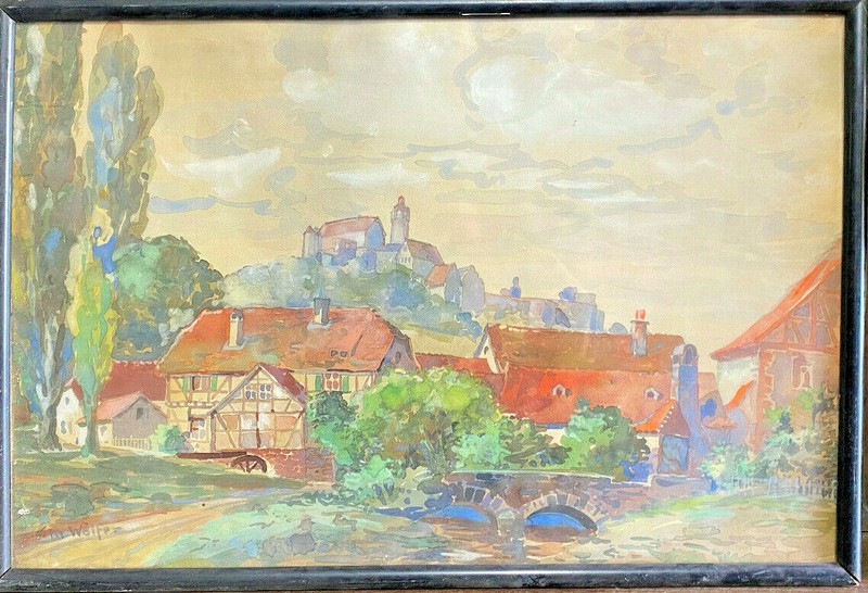 ::WATERCOLOR SIGN. CHR.WÖLFER CASTLE ON HILL WITH VILLAGE LANDSCAPE AND BRIDGES