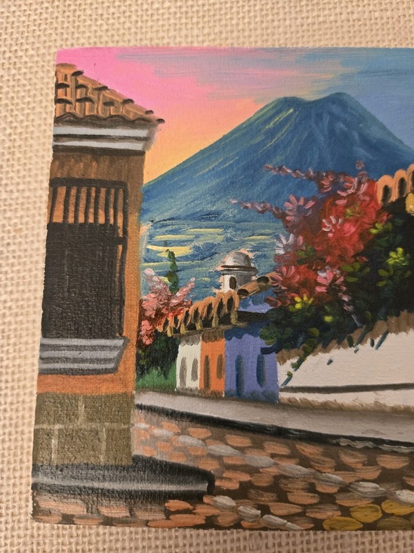 Mini Original Sunset Volcano Oil Painting on Canvas Guatemala Signed gallery