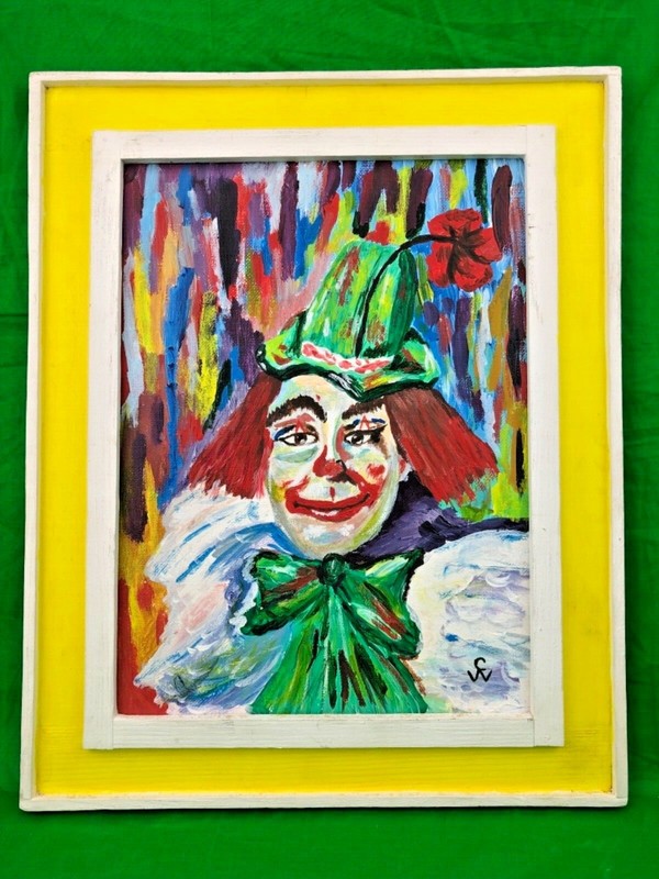 Happy Time Clown Acrylic Painting Signed And Framed