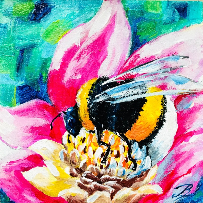 Bumblebee Painting Original Art 6×6″ Cute Desk Decor Insect Bee Painting